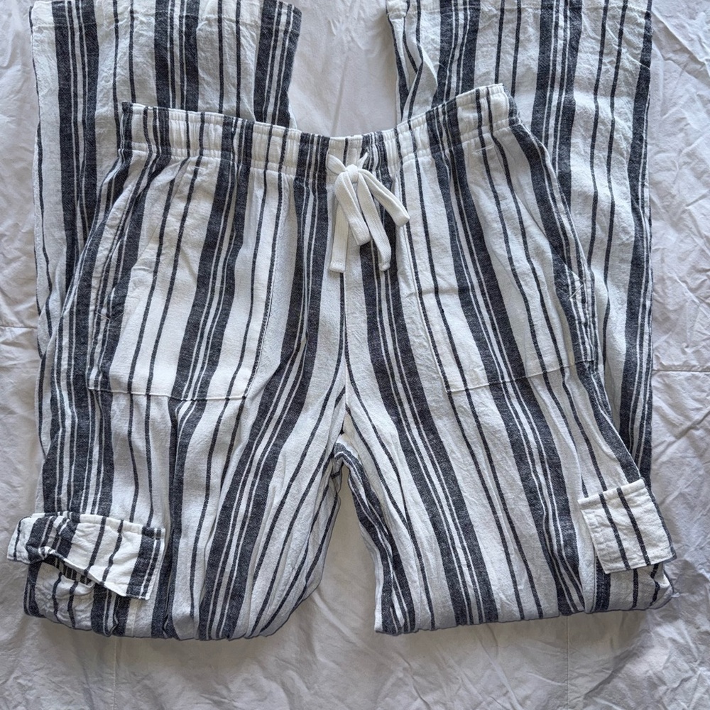 Roxy Navy & White Striped Drawstring Linen Pants … - image 1